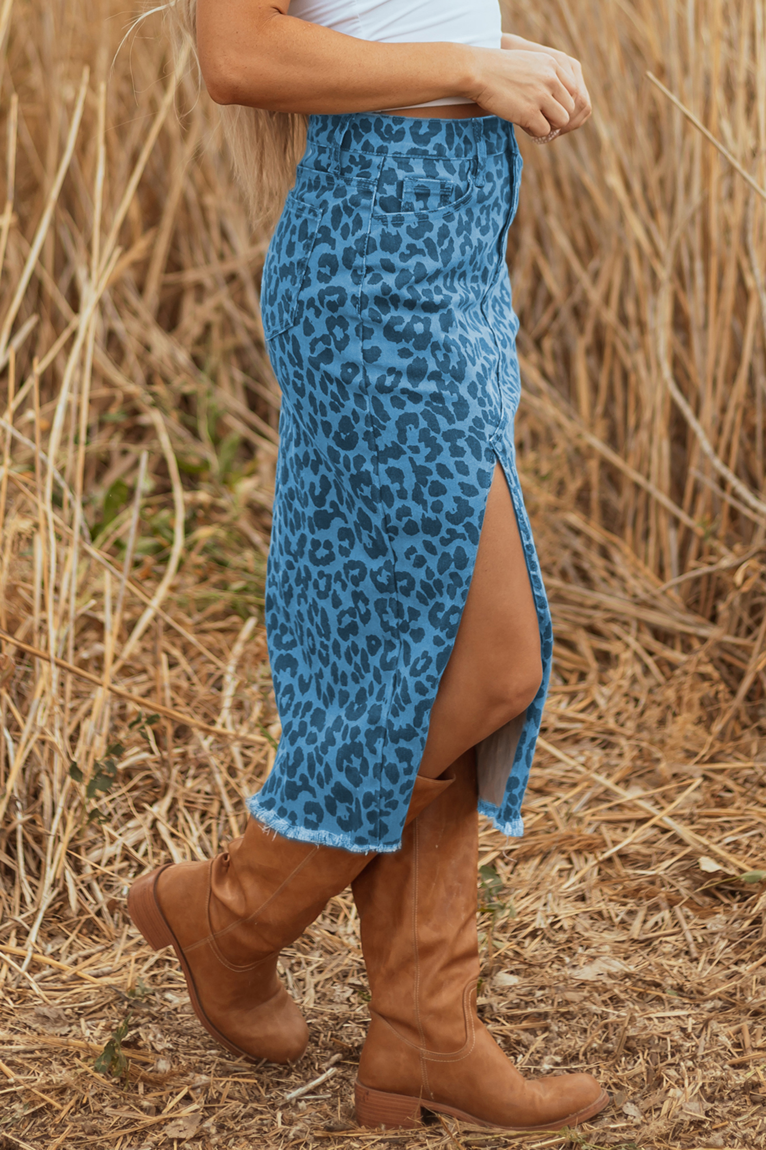 Sky Blue Leopard Denim Frayed Split Denim Midi Skirt - Image 3