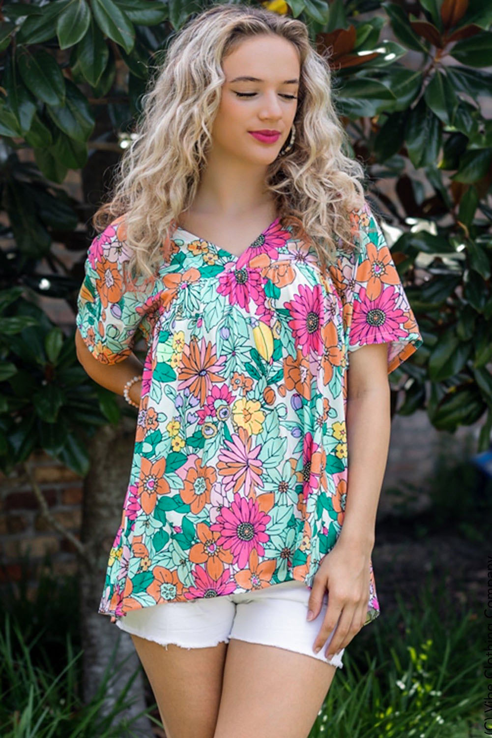 Multicolor Floral Print Short Sleeve Babydoll Blouse - Image 3