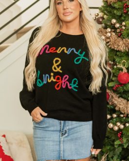 Black Colorful Merry & Bright Tinsel Graphic Sweater
