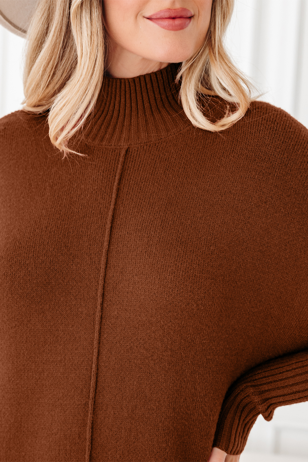 Chestnut Ribbed High Neck Front Pockets Center Seam Shift Sweater Dress - Image 7