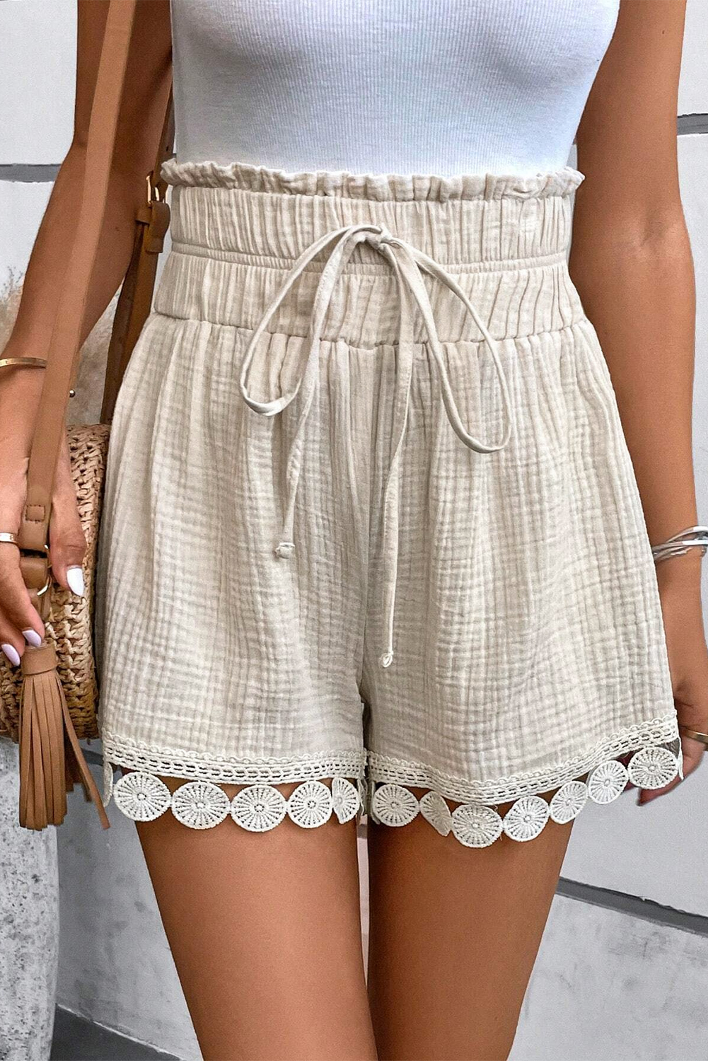 Apricot Textured Frilled Knotted High Waist Lace Hem Shorts - Image 3