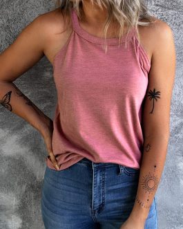 Pink Solid Color Crew Neck Tank Top