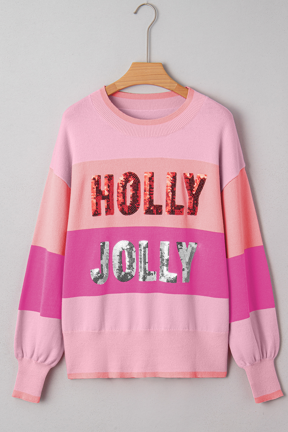 Pink Sequined HOLLY JOLLY Color Block Crew Neck Sweater - Image 5