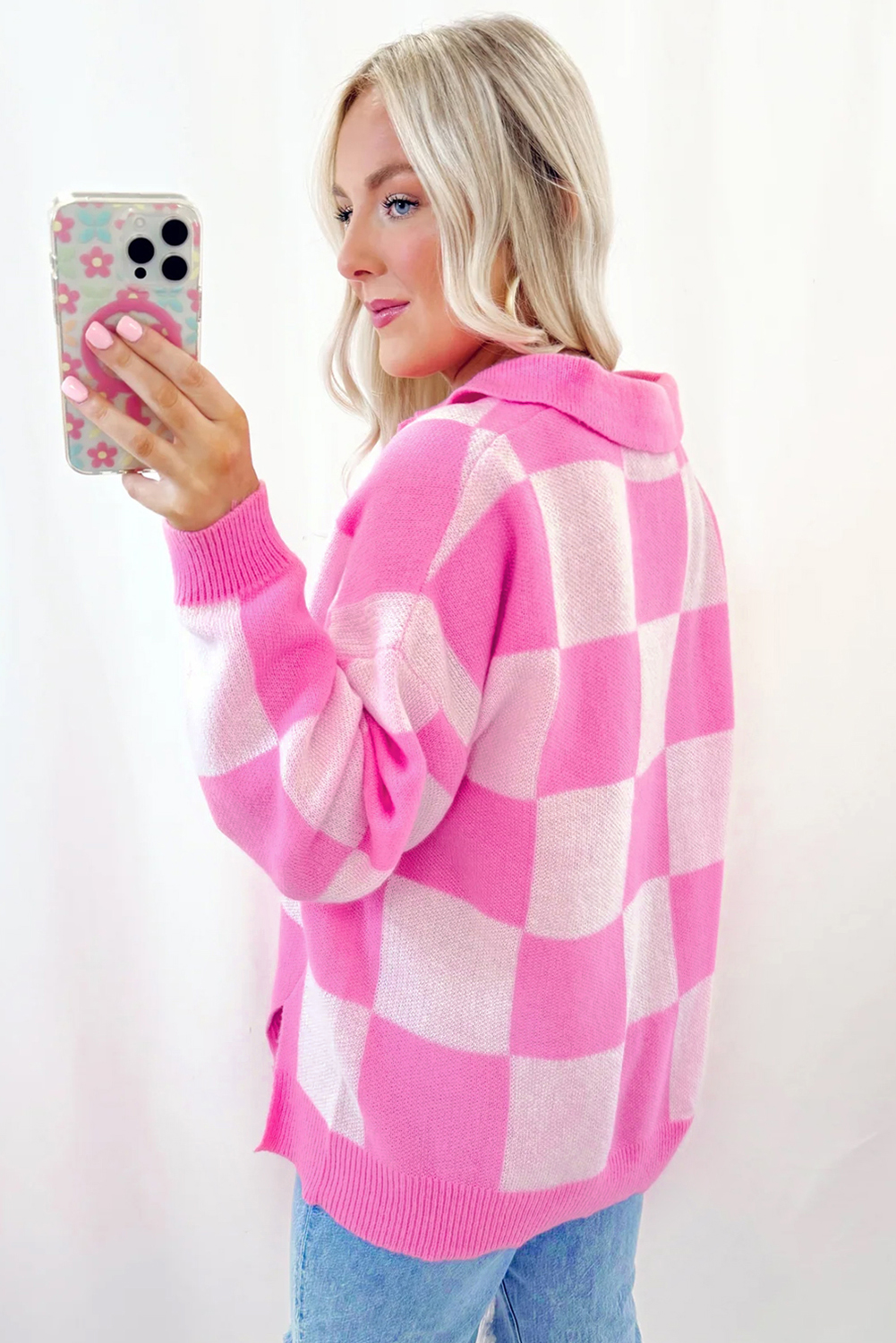 Pink Checkerboard Half Button Collared Drop Shoulder Sweater - Image 2