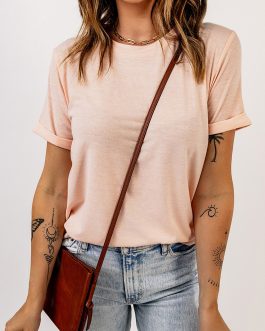 Pink Solid Color Crew Neck Tee