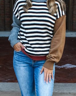 Color black Striped Panels Colorblock Sleeve Chic Sweater