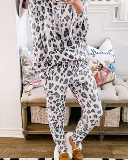 Khaki Leopard Print Drawstring Hoodie and Skinny Pants Lounge Set