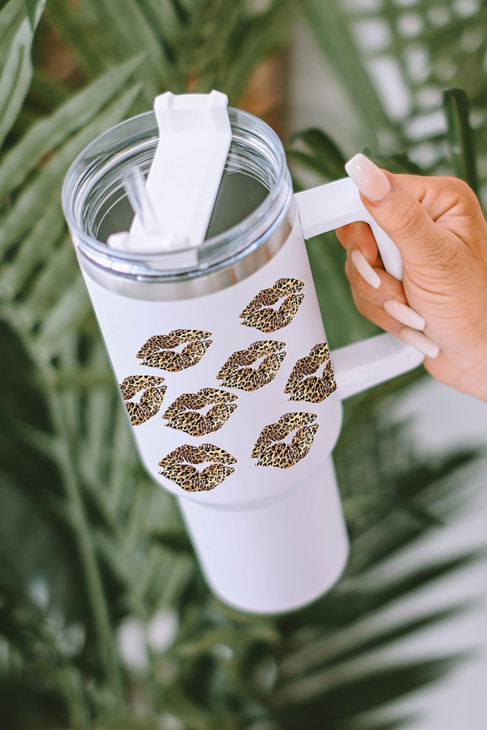 White Valentine Leopard Lips Print Thermos Cup with Straw 40oz - Image 4