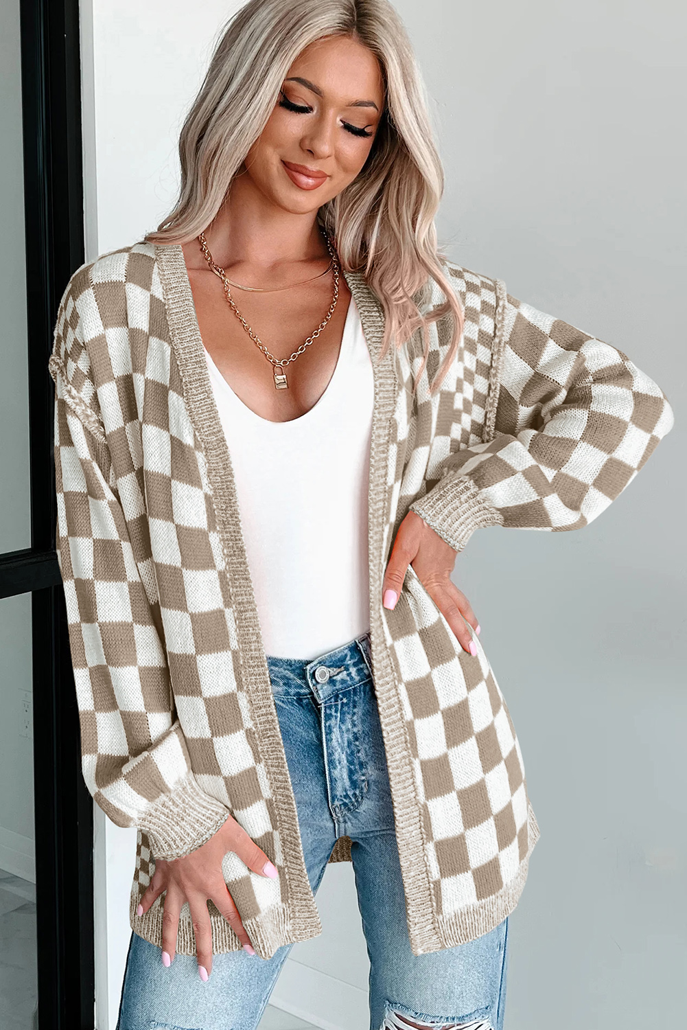 Brown Checkered Open Front Drop Shoulder Cardigan - Image 7