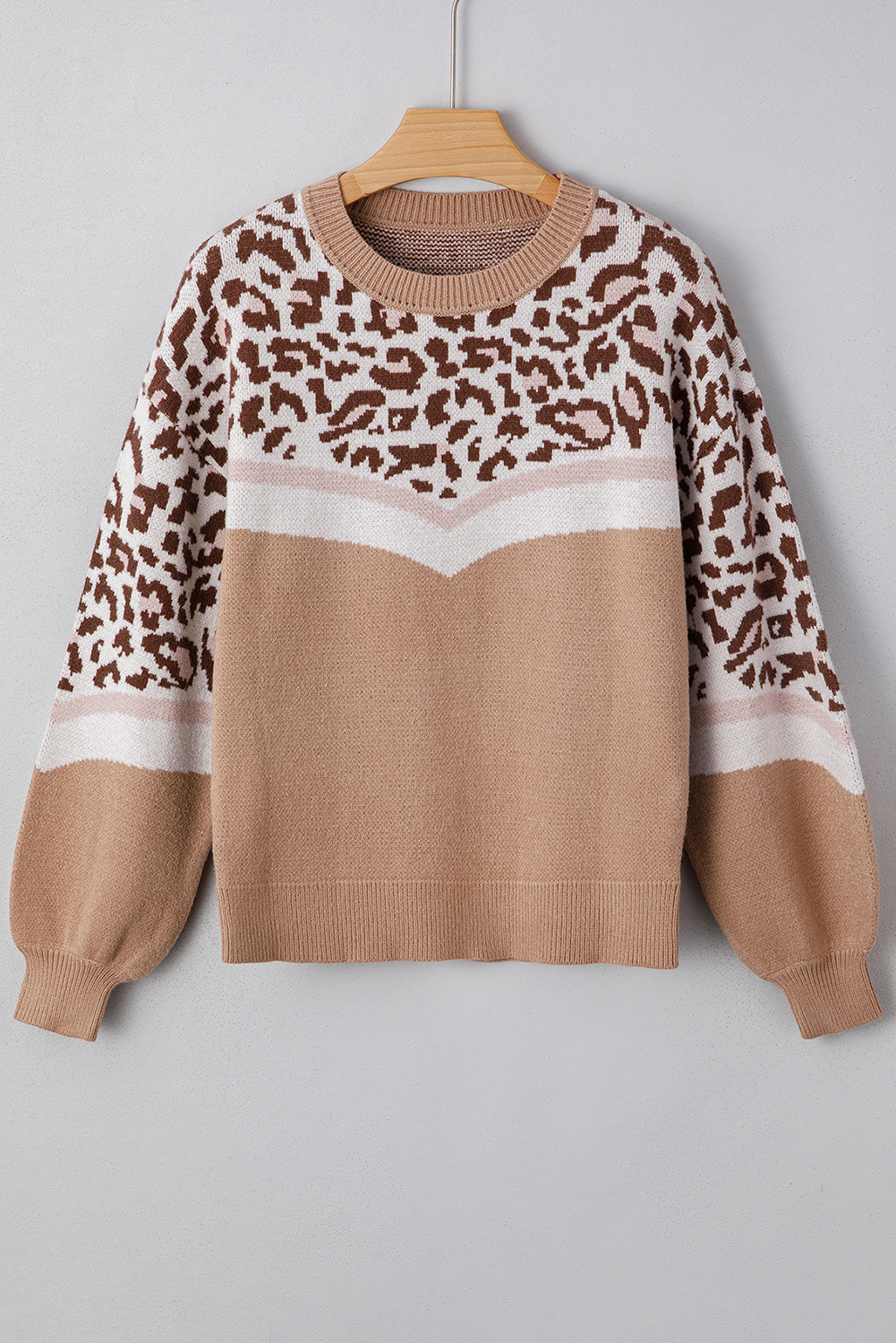 Straw Yellow Leopard Color Block Knit Round Neck Baggy Sweater - Image 3