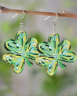 Light Green St. Patrick Painted Shamrock Shape Drop Earrings