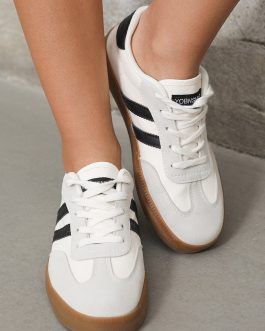 White Striped Lace-up Flat Sneakers