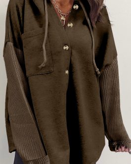 Dark Brown Button Up Contrast Knitted Sleeves Hooded Jacket