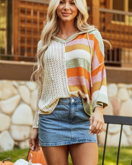 DEAR-LOVER Beige Oversized Colorblock V Neck Hooded Sweater