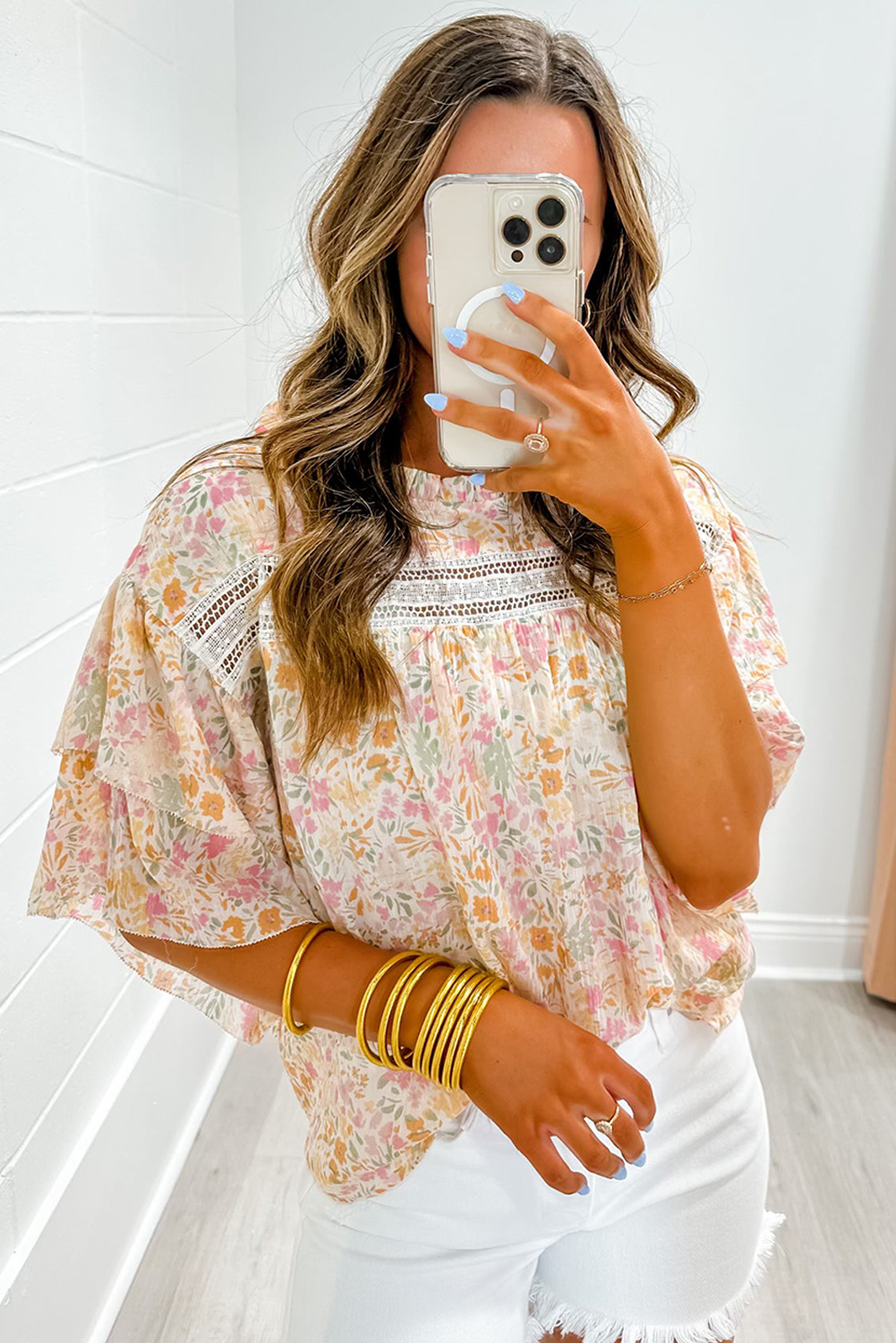 Multicolor Floral Print Wide Ruffle Sleeves Blouse - Image 2