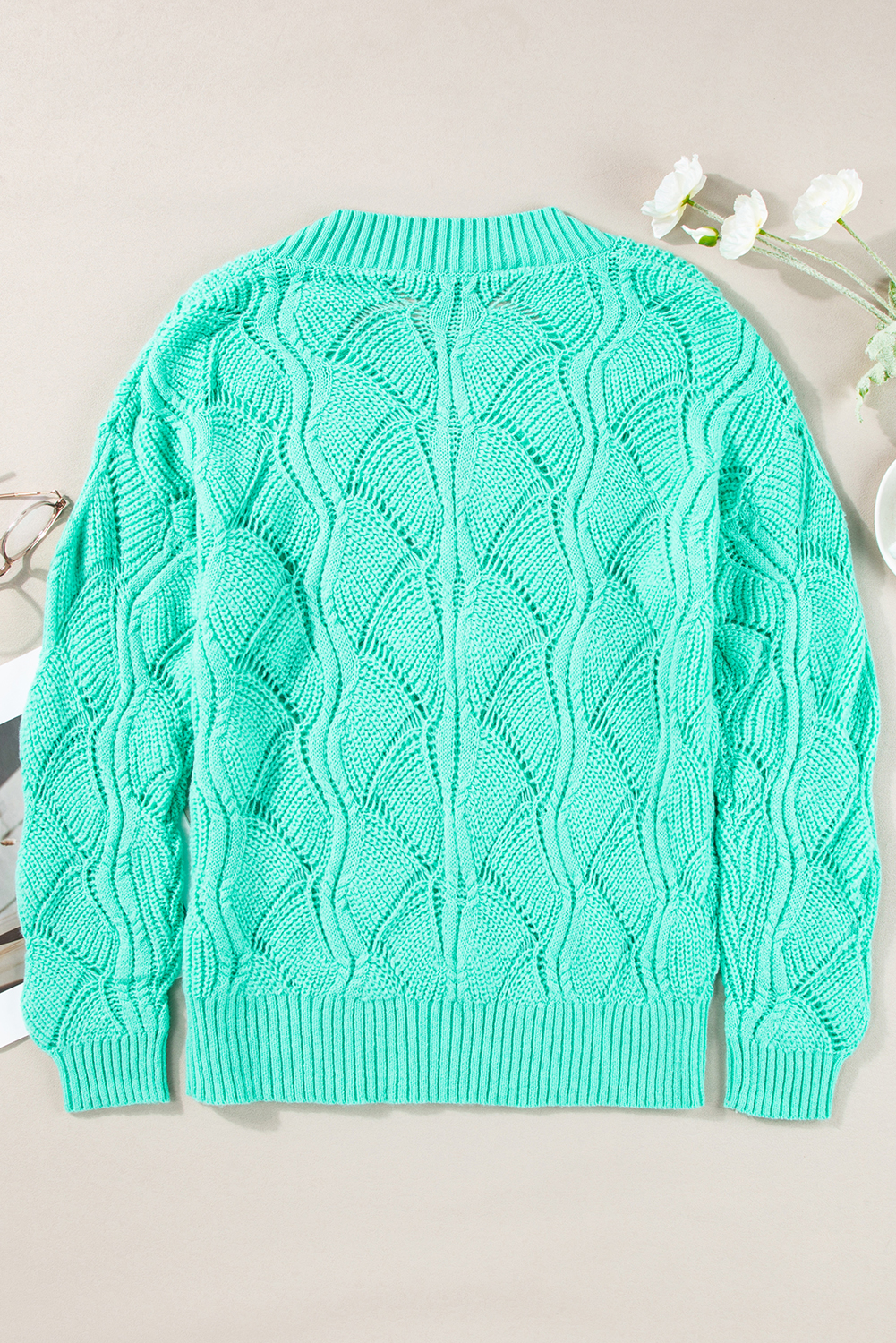 Mint Green Hollow Out Knit V Neck Drop Shoulder Sweater - Image 8