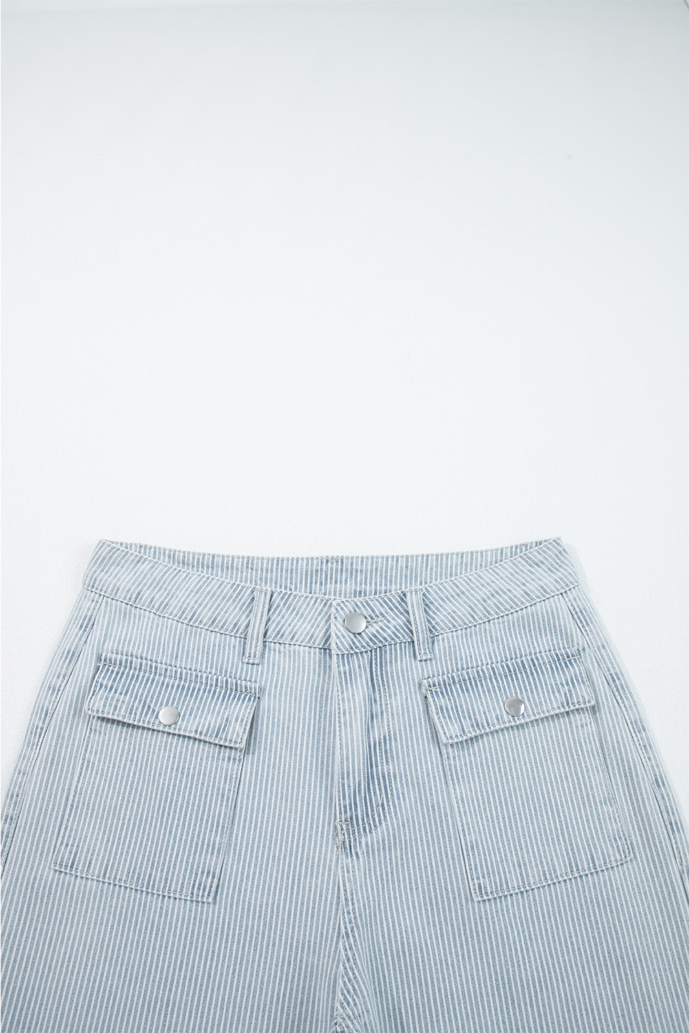 Sky Blue Stripe Button Flap Pocket Cuffed Hem Wide Leg Jeans - Image 4
