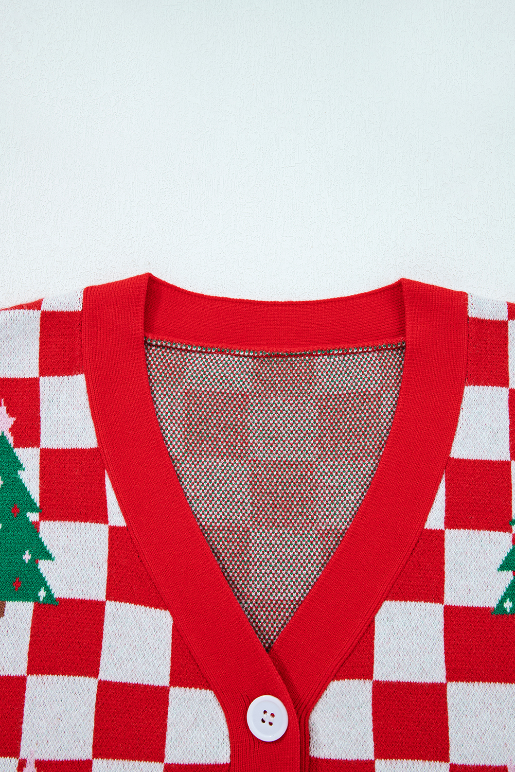 Red Checkered Christmas Tree Pattern Button V Neck Cardigan Sweater - Image 6