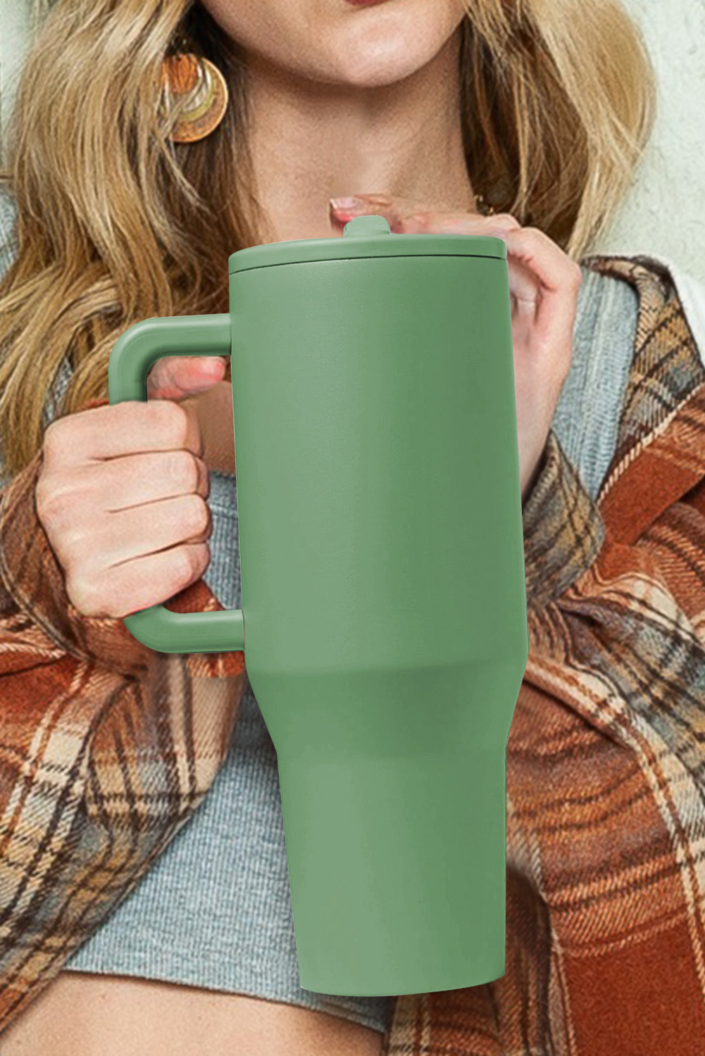 Dark Green Frosted Stainless Handle Large Vacuum Cup with Straw 40oz - Image 7