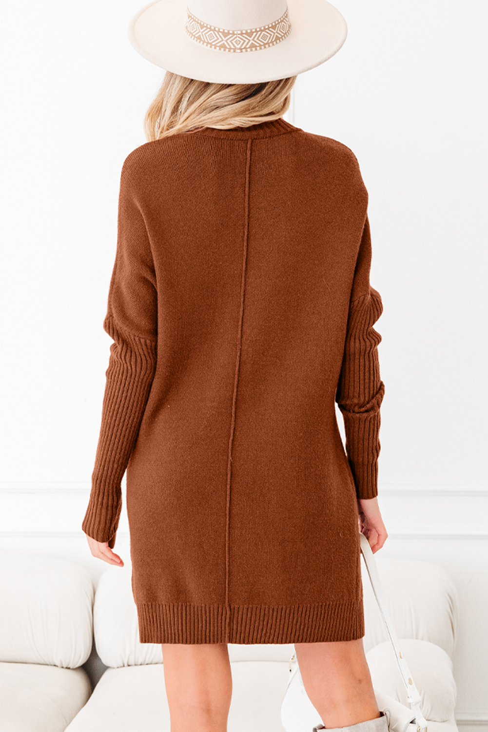 Chestnut Ribbed High Neck Front Pockets Center Seam Shift Sweater Dress - Image 2