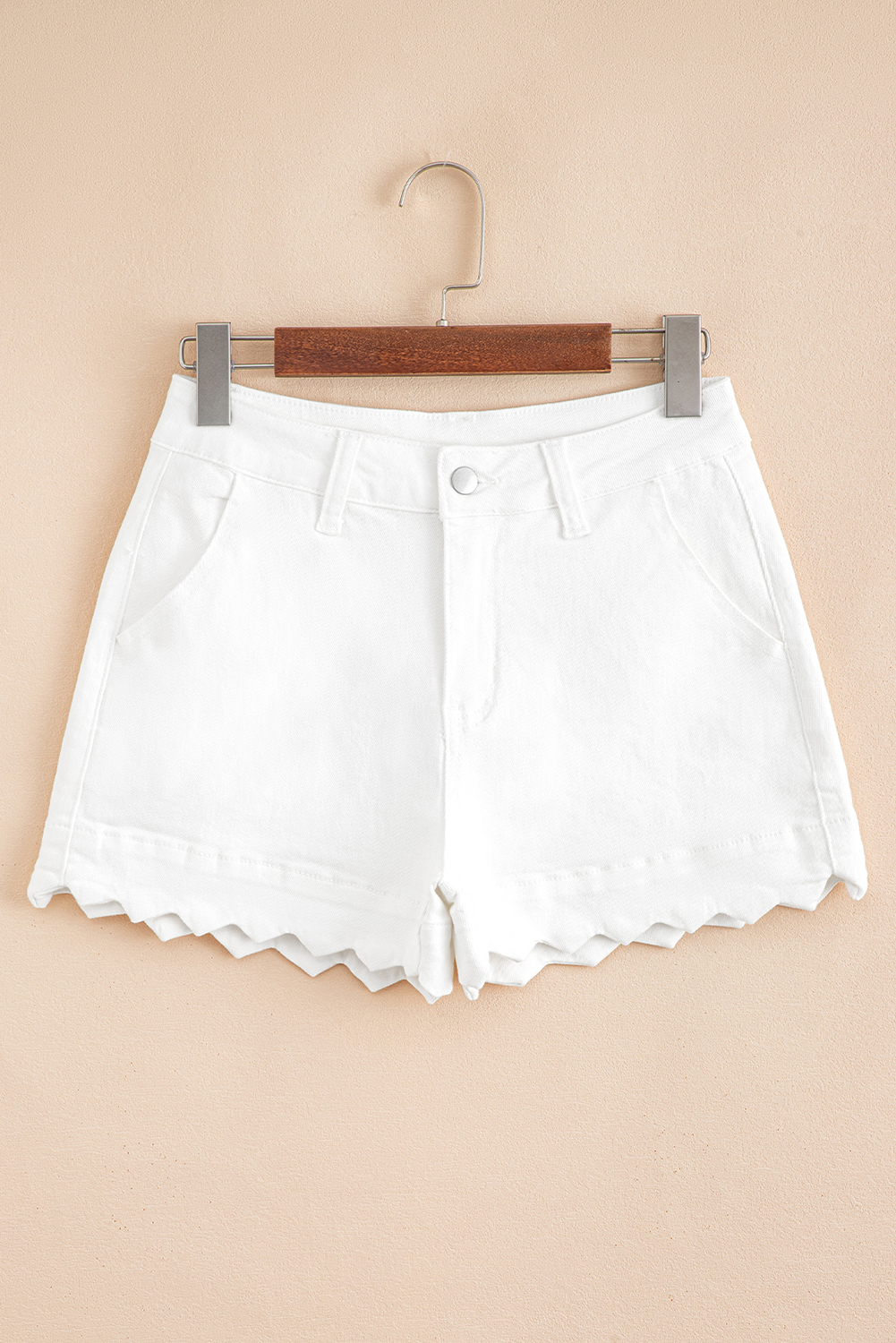 White Scalloped Hemline Acid Wash High Waist Denim Shorts - Image 4