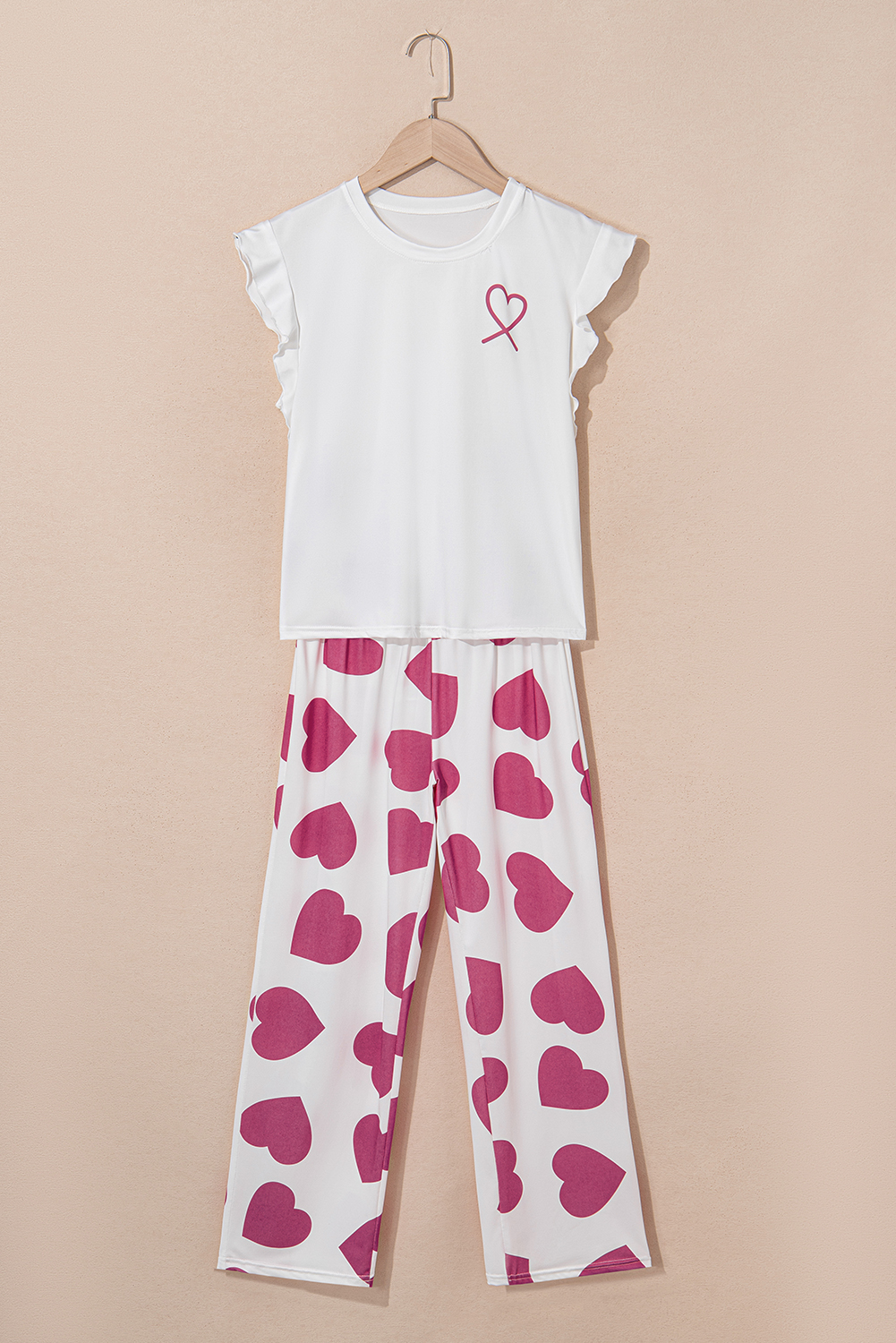 Pink Ruffled Tank Top And Heart Print Pants Lounge Set - Image 3