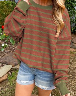 Brown Stripe Trimmed Round Neck Drop Shoulder Loose Sweater