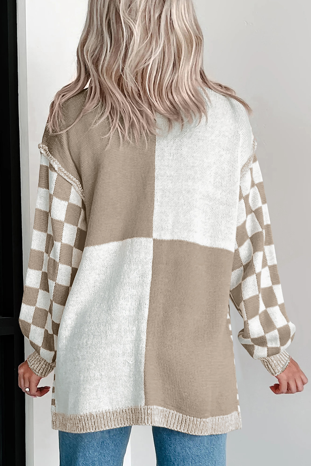 Brown Checkered Open Front Drop Shoulder Cardigan - Image 6