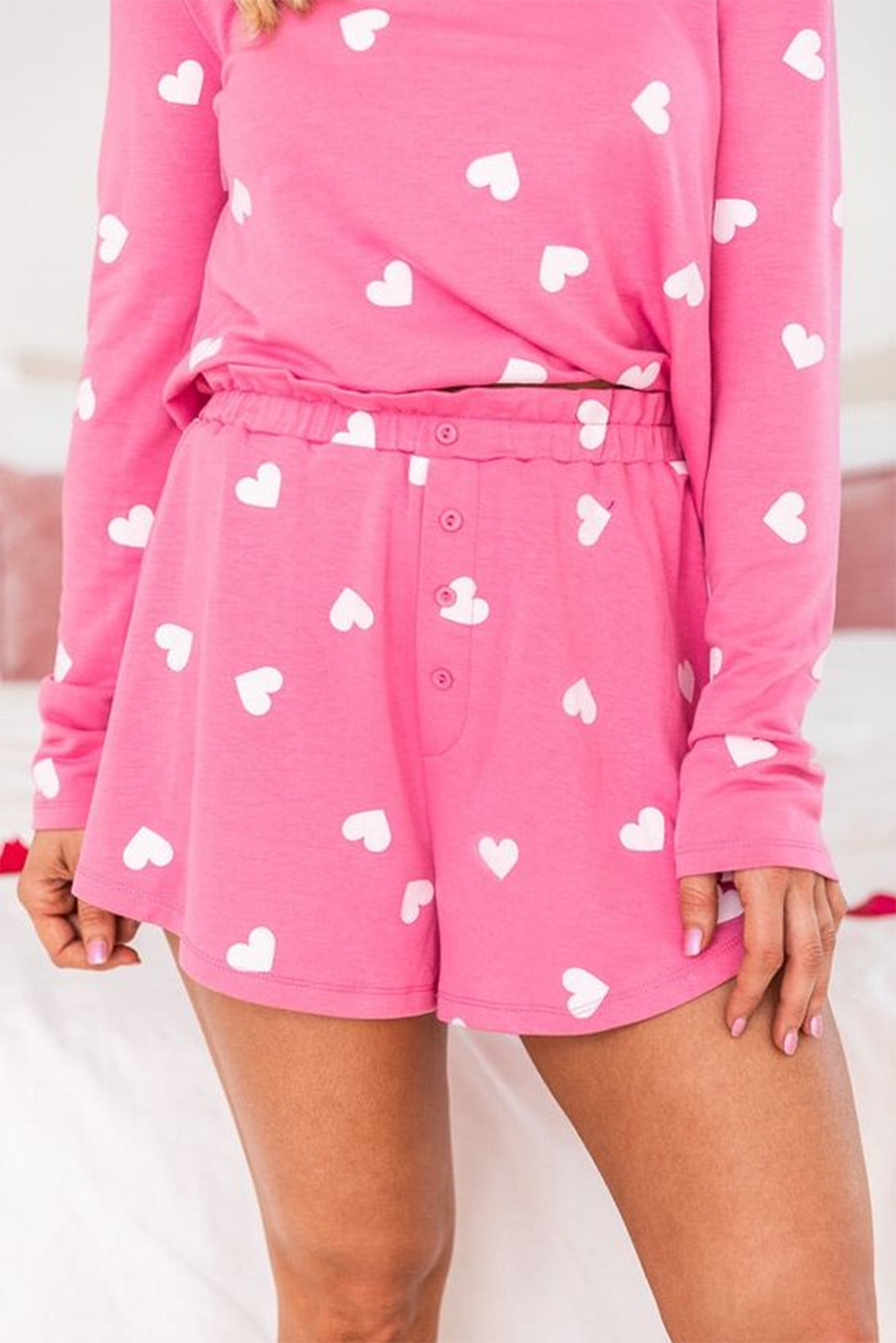 Pink Valentine Heart Print Long Sleeve Tee and Shorts Lounge Set - Image 3