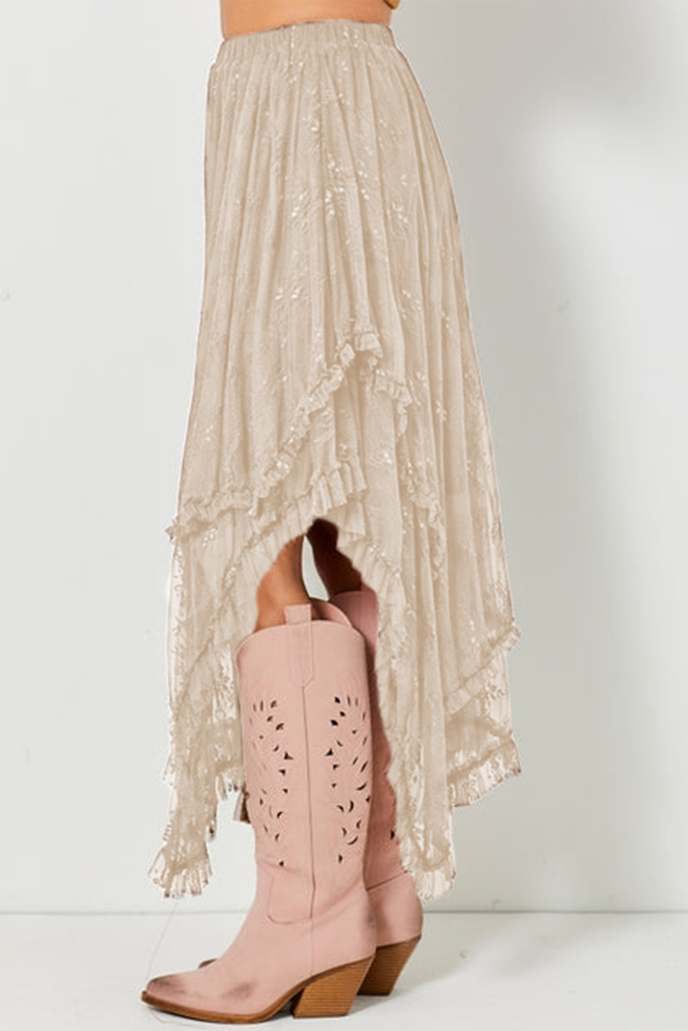 Apricot Lace Cascading Tiered High Waist Maxi Skirt - Image 2