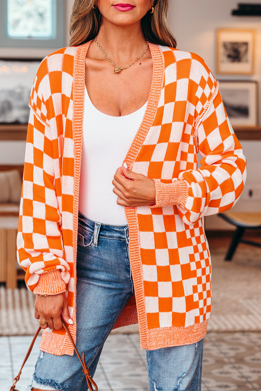 Orange Checkered Open Front Drop Shoulder Cardigan - Image 7
