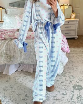 Sky Blue Stripe Bow Star Print Tied Detail 2pcs Lounge Set
