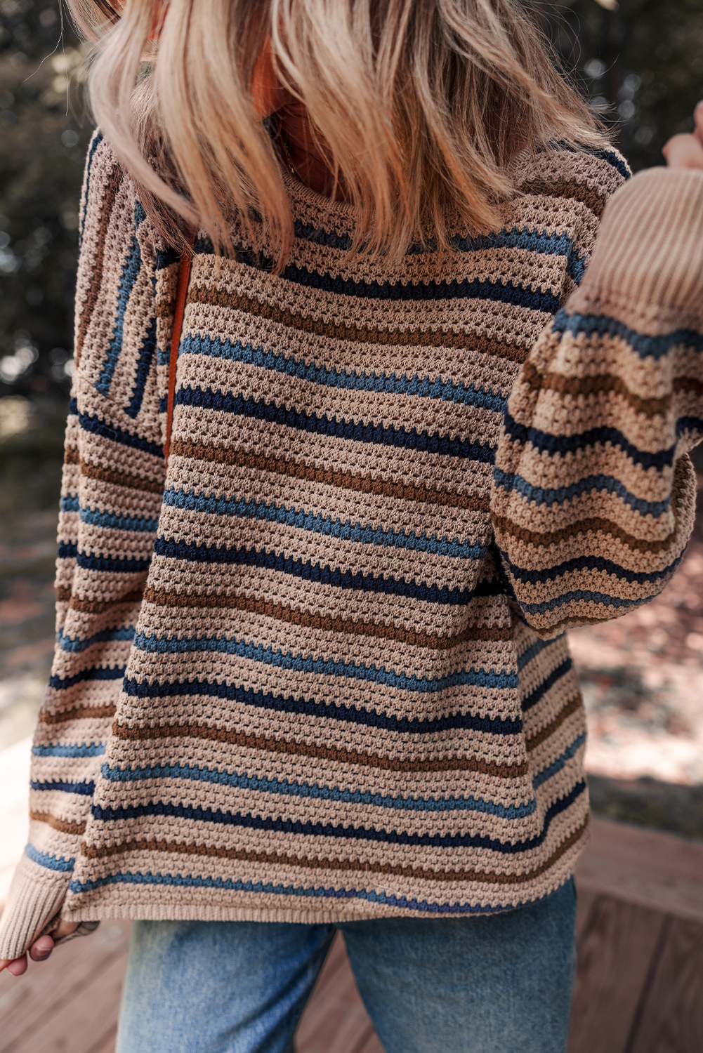 Multicolour Striped Knitted Drop Shoulder Round Neck Sweater - Image 3