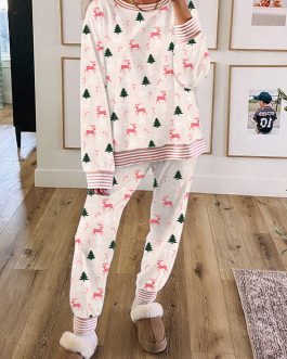 Pink Bow Christmas Tree Print Contrast Striped Banding 2pcs Lounge Set