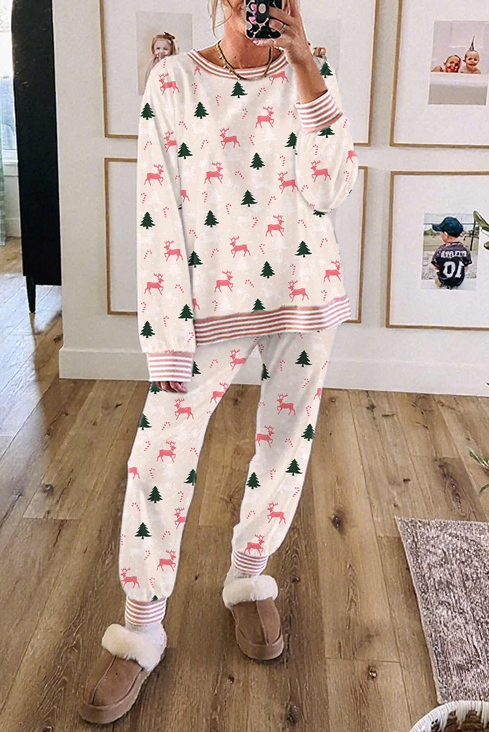 Pink Bow Christmas Tree Print Contrast Striped Banding 2pcs Lounge Set