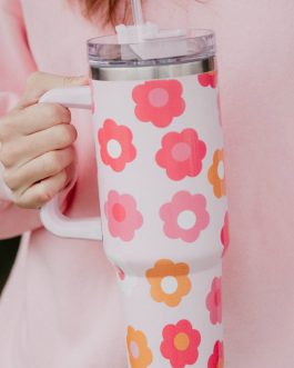 Multicolor Flower Print Handled Stainless Steel Vacuum Cup 40oz