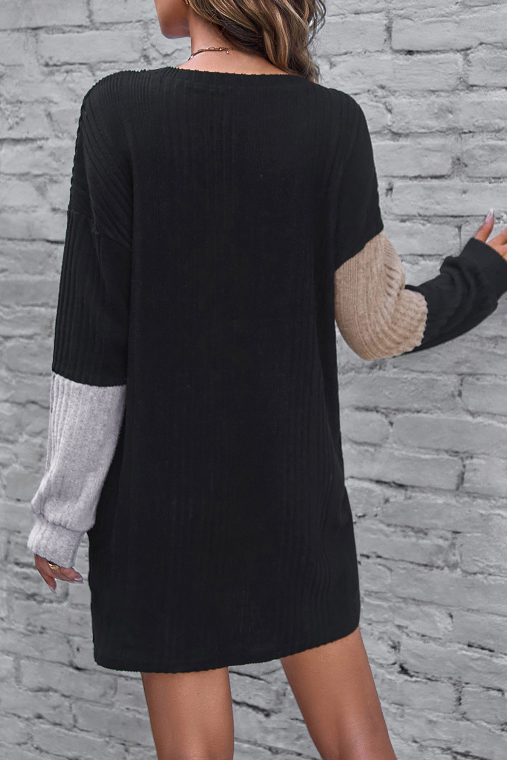 Black Ribbed Color Block Drop Shoulder Long Sleeve Mini Dress - Image 2
