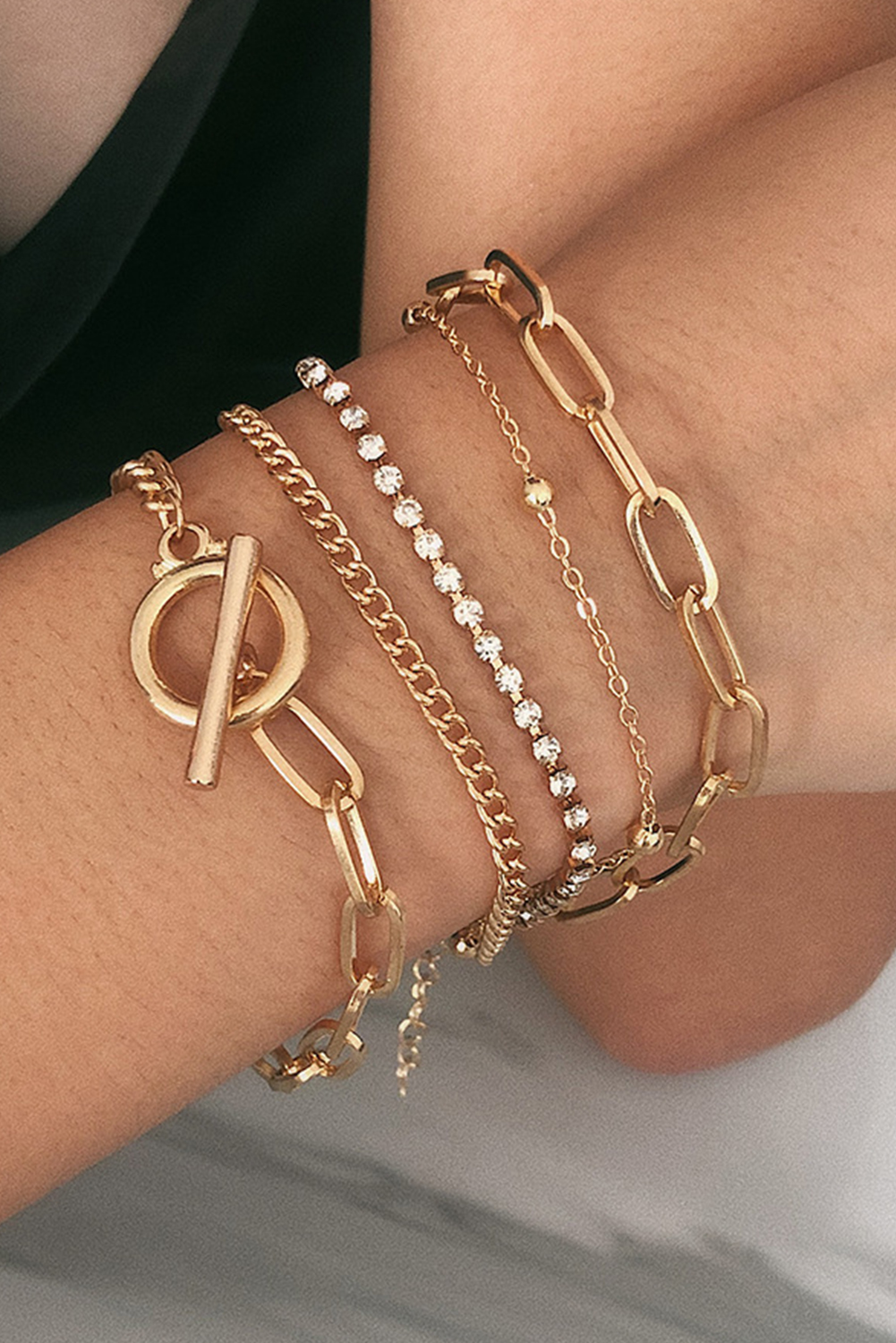 Gold Multi Layered Rhinestone Plated Chain Bracelet Set - Image 4