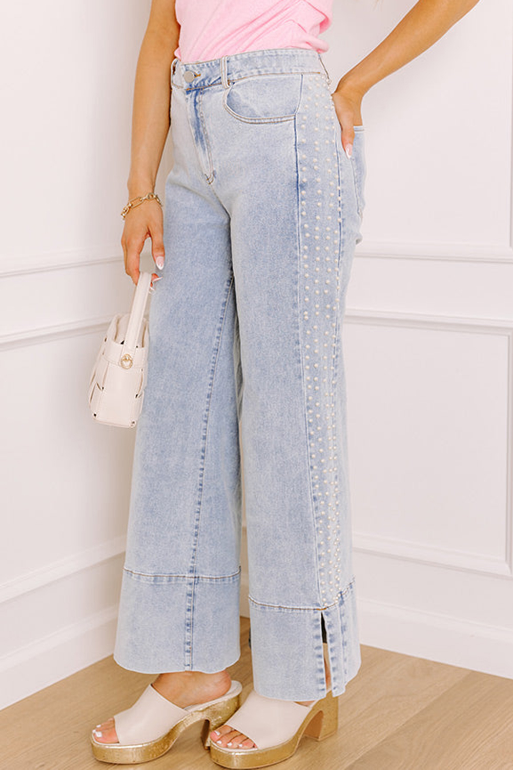 Beau Blue Mid Rise Pearl Embellished Split Wide Leg Jeans - Image 4