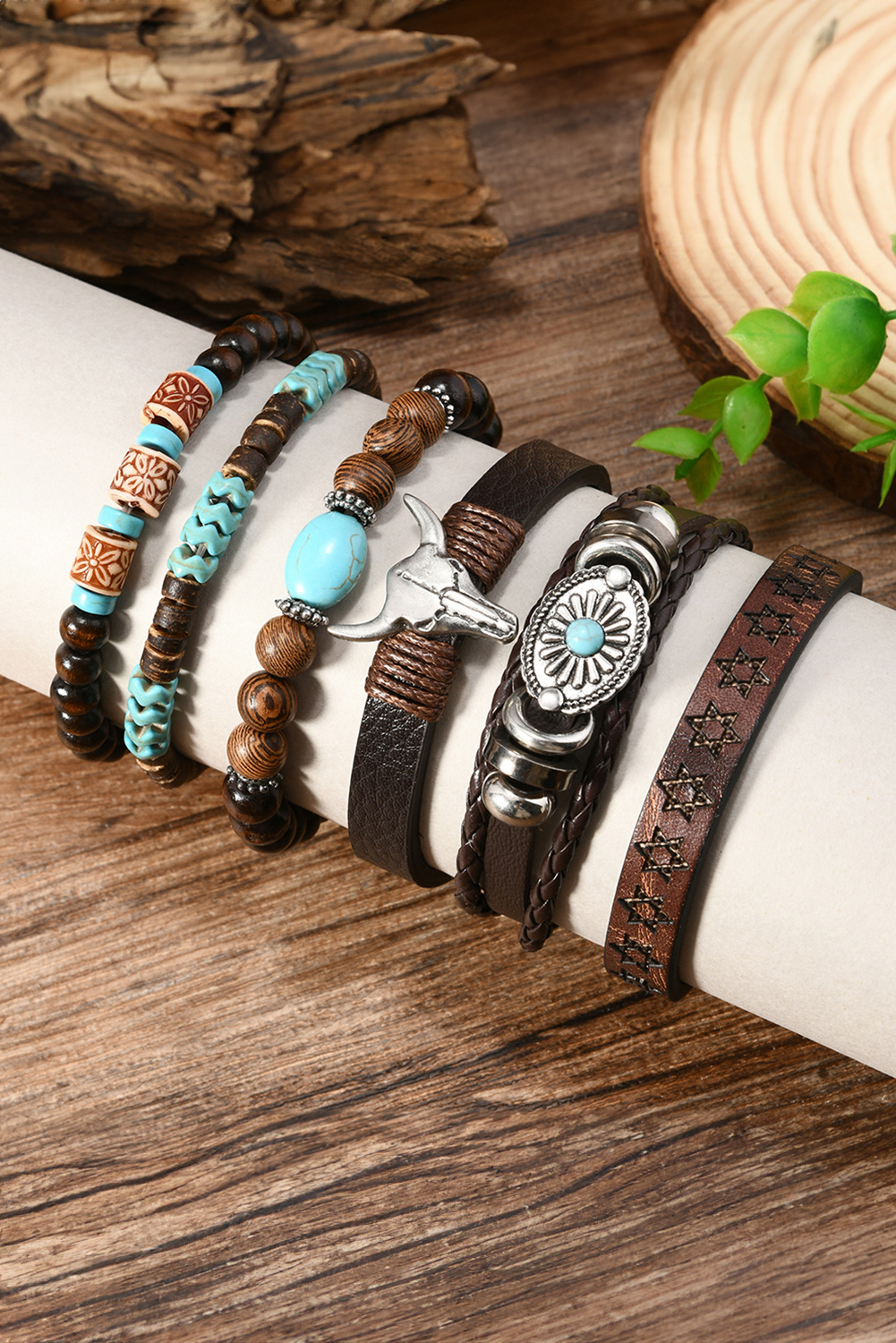 Chestnut 6 Piece Western Bull Skull Turquoise Beading Bracelet - Image 2