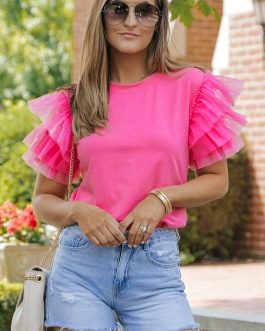 Pink Tulle Ruffle Sleeve Blouse