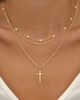 Gold Plated Cross Pendant Pearl Decor Triple Layer Chain Necklace