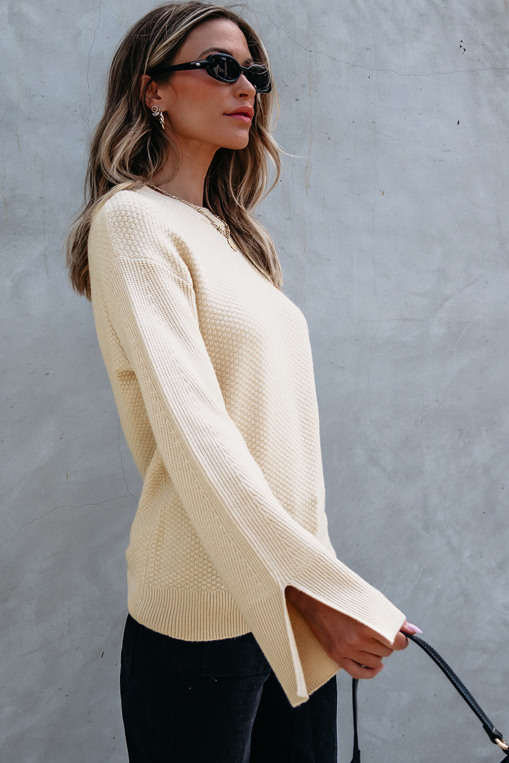 Parchment Solid Textured Knit Split Cuff Drop Shoulder Loose Sweater - Image 8