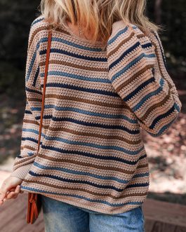 Multicolour Striped Knitted Drop Shoulder Round Neck Sweater