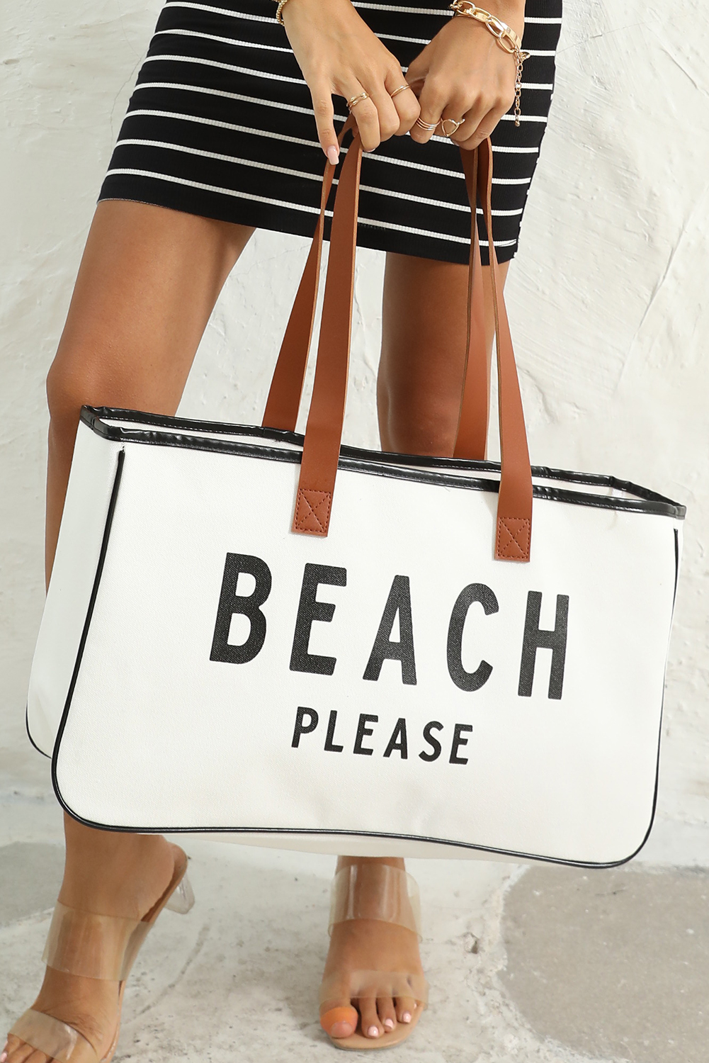 White BEACH PLEASE Print Large Canvas Tote Bag - Image 8