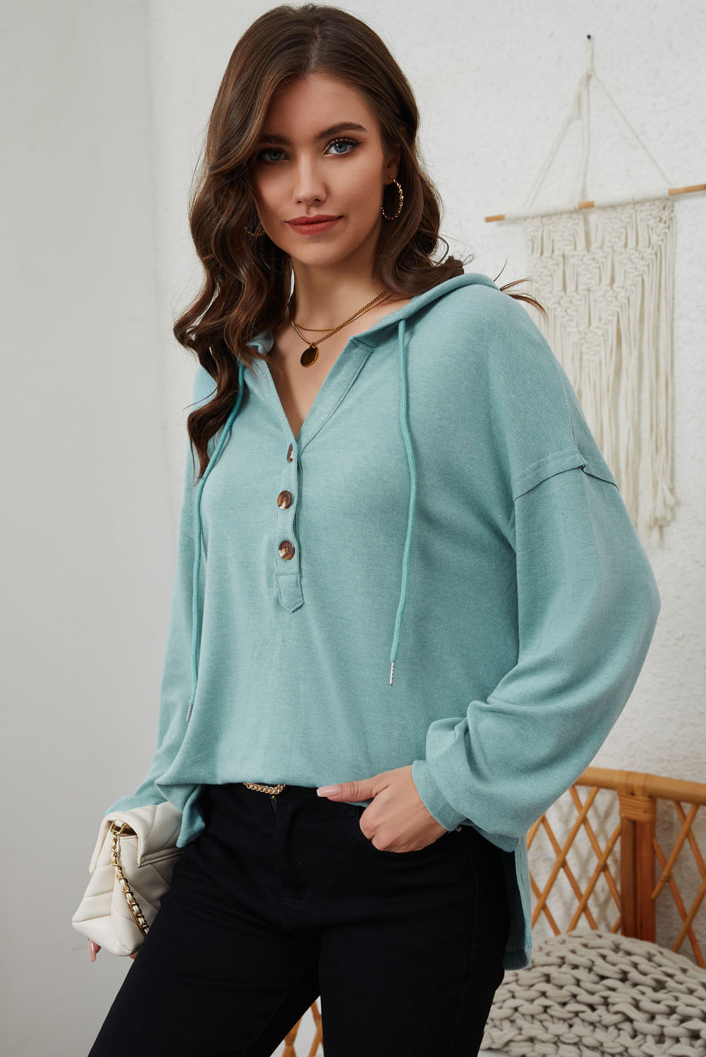 Buttoned High and Low Hem Hoodie - Image 5