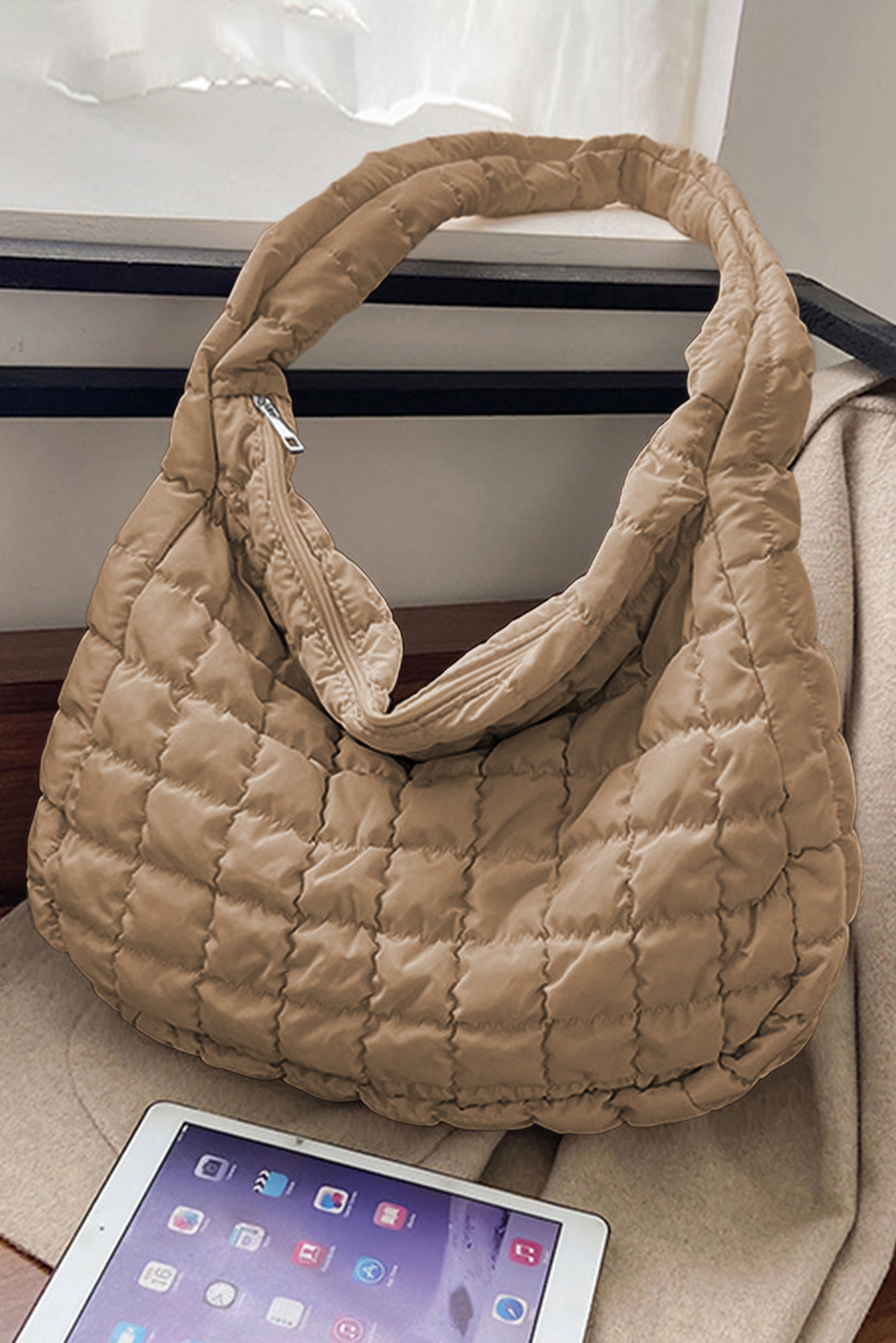 Light French Beige Quilted Zipper Large Shoulder Bag - Image 5