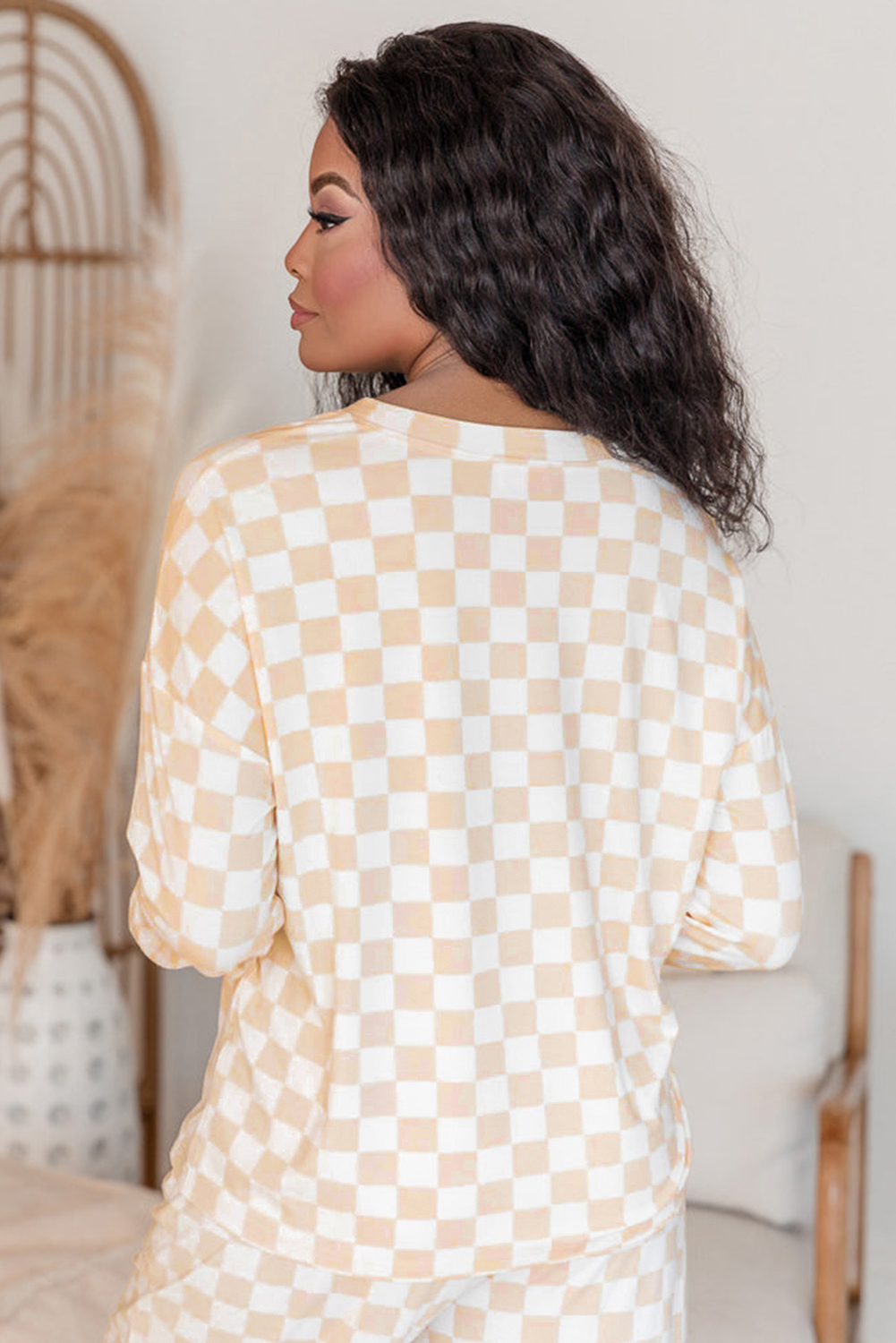 Beige Checkered Print Long Sleeve Top and Pants Lounge Set - Image 3