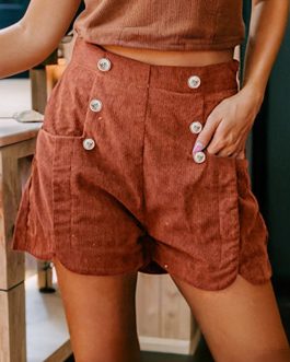 Clay Button Decor Scalloped Edge High Waist Corduroy Shorts