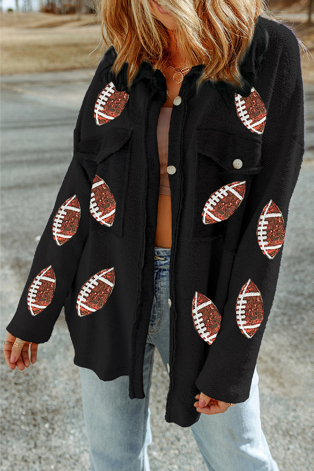 Black Sequined Rugby Flap Pockets Buttoned Shacket - Image 3